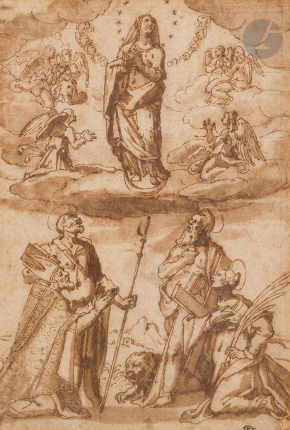 null ÉCOLE ITALIENNE vers 1600
L'Immaculée conception adorée par les saints
Plume,...