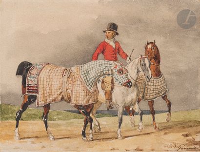 null Théodore GÉRICAULT (Rouen 1791 - Paris 1824)
Lad et trois chevaux caparaçonnés
Aquarelle.
Signée...