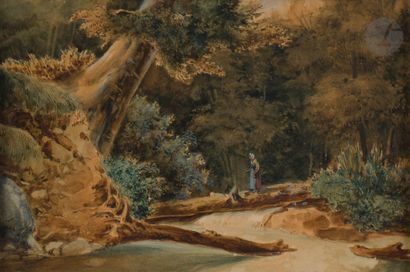 null Paul HUET (Paris 1803-1869)
Jeune femme traversant un ruisseau dans un paysage...