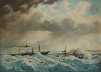 null Frédéric ROUX 
(Marseille 1805 - Le Havre 1874) 
Le Normandie en sauvetage devant...