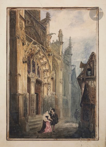 null Adrien DAUZATS 
(Bordeaux 1804 - Paris 1868)
Porche latéral d'une cathédrale,...
