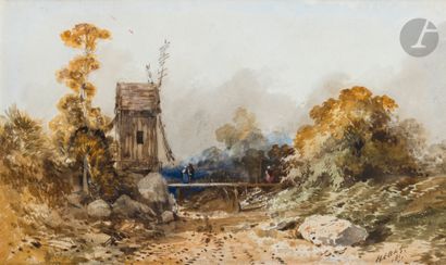 null Hippolyte LEBAS (Paris 1812-1880)
Paysage au pont et au moulin, 1851
Aquarelle...