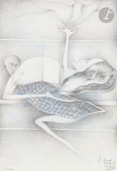 null Fred DEUX (1924-2015)
Dreamer, 1988
Graphite and colored pencil on heavy paper.
Signed...