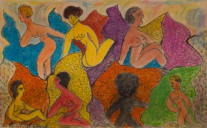 null The Factor LONNÉ (1910-1989)
Bathers, 1974
Ink, watercolor and grease pencil.
Signed...