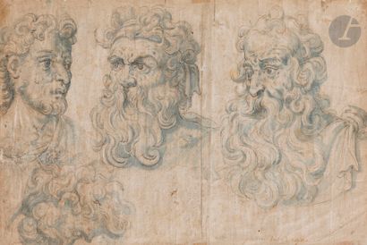 null ÉCOLE FLAMANDE du XVIIe siècle 
Feuille d’études avec 4 têtes d’hommes barbus
Plume...