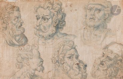 null ÉCOLE FLAMANDE du XVIIe siècle 
Feuille d’études avec 4 têtes d’hommes barbus
Plume...