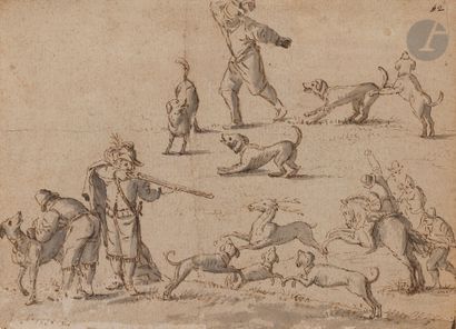 null ÉCOLE DU NORD du XVIIe siècle 
Scène de chasse
Plume et encre brune, lavis gris.
Numéroté...