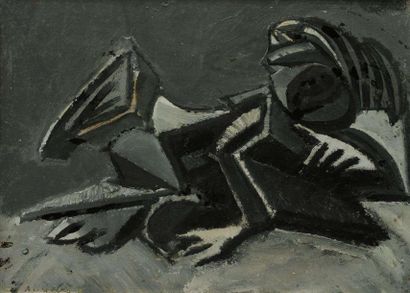 René AUDEBES (1922-1993) Composition abstraite, 1970 Huile sur carton. Signée en...