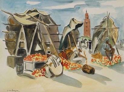 Yves BRAYER (1907-1990) Le marché marocain Aquarelle sur traits de crayon. Signée...