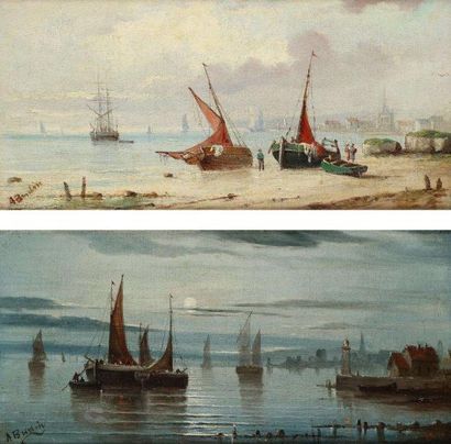 Amélie BURDIN (1824-?) Marine Deux huiles sur toile. Signées en bas à gauche. (restaurations...