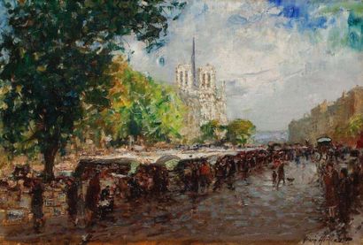 Merio AMEGLIO (1897-1970) Paris, les quais et Notre-Dame Huile sur toile. Signée...