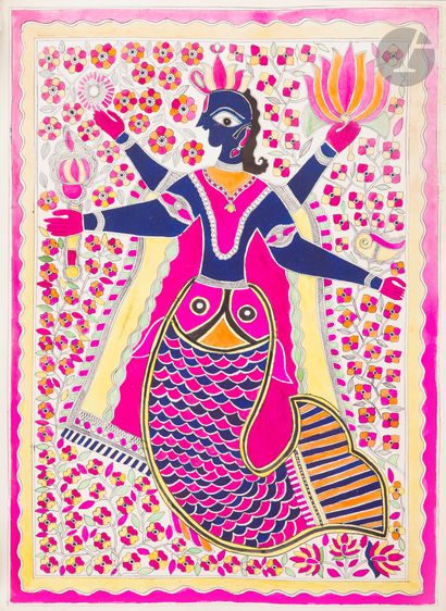 null Trois dessins et quatre peintures du Mithila, Inde du Nord, Bihar, Madhubani...