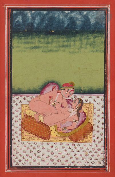 null Miniature érotique, Inde, fin XIXe siècle
Gouache et or sur papier représentant...