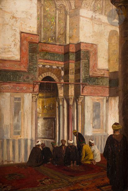 null Georg MACCO (1863-1933)
Le Caire, assemblée d’hommes devant le mihrab du tombeau...