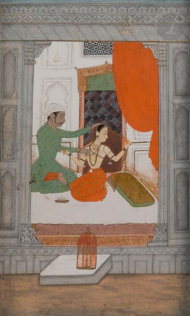 null Scène galante, Inde du Nord, probablement Pahari, école de Guler, XVIIIe siècle...