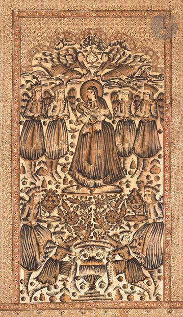 null Marie et Jésus, tenture imprimée kalamkari, Iran qâjâr, début XXe siècle, signée...