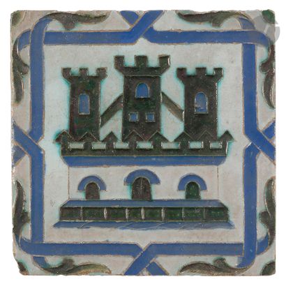 null Deux carreaux à décor héraldique cuenca y arista, Espagne, Séville, XVIe - XVIIe...