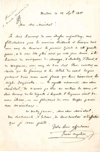 Jérôme BONAPARTE L.A.S. « Jerome Napoléon », Meudon 22 septembre 1855, [au maréchal...