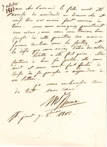 Guillaume BRUNE L.A.S., Saint-Just 7 octobre 1812, à son cher Laumond; 1 page petit...