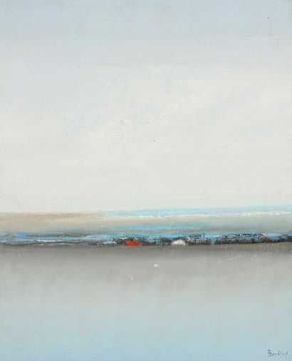 Jean BAUCHESNE (né en 1924) La barque rouge, 2004 Huile et sable sur toile. Signée...
