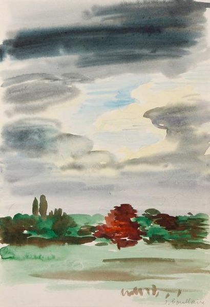 Jean BOULLAIRE 1893-1976 Paysage au grand ciel Aquarelle. Signée en bas à droite....