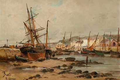 Amélie BURDIN (1824-?) Honfleur, les bateaux de pêche Huile sur toile. Signée et...
