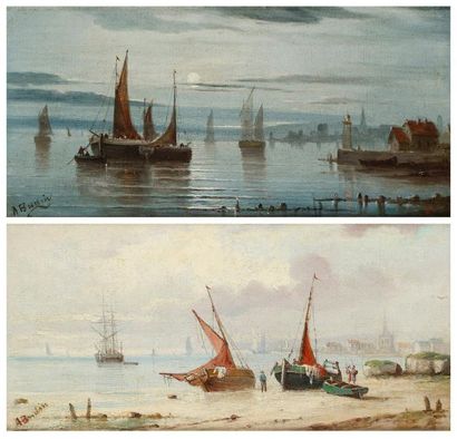Amélie BURDIN (1824-?) Marine Deux huiles sur toile. Signées en bas à gauche. (restaurations...