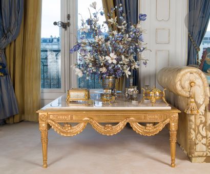 A pair of square giltwood coffee tables,...
