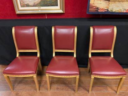 null Suite of six giltwood chairs with reversed back, decorated with canals, the...