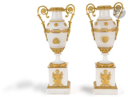 Pair of alabaster and gilt bronze vases decorated...