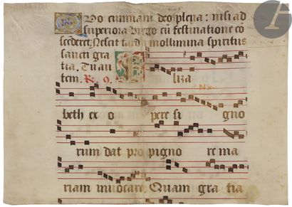 null [ENLUMINURE]. 
Feuillet manuscrit décoré extrait d’un livre de chœur (antiphonaire...