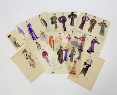 null Ensemble de dix dessins de mode des années 1930, encre et aquarelle, deux sur...