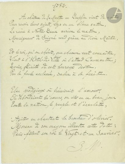 null [CASTLE OF LA MUETTE]
Jules de MARTHOLD (1847-1927). Autograph poem signed "J.M.",...