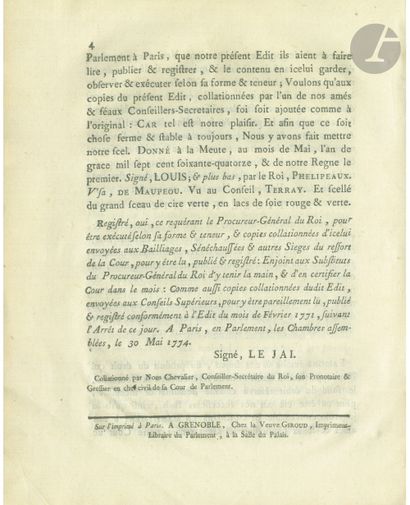null [CHÂTEAU DE LA MUETTE]
LOUIS XVI. Imprimé : Édit du Roi, Par lequel le Roi ordonne...
