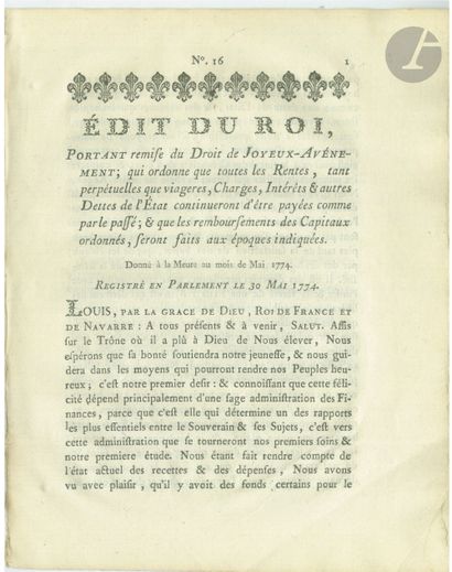 null [CHÂTEAU DE LA MUETTE]
LOUIS XVI. Imprimé : Édit du Roi, Par lequel le Roi ordonne...