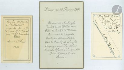 null [FAMILLE ROTHSCHILD]
3 cartes de menu de dîners donnés par la famille Rothschild...