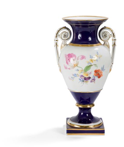 null Meissen
Porcelain vase of baluster form with scrolled handles, with polychrome...