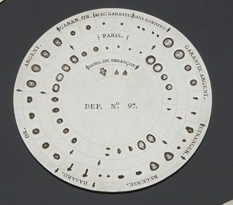 null Plaque des poinçons de la marque en cuivre argenté des poinçons de 1809 à 1819.
Diamètre :...