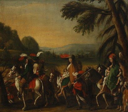 Ecole espagnole vers 1650 Le voyage des comédiens. Huile sur toile. 49,5 x 55,5 ...