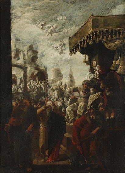 Ecole italienne du XVIIe siècle Moïse devant le juge. Toile marouflée sur panneau...