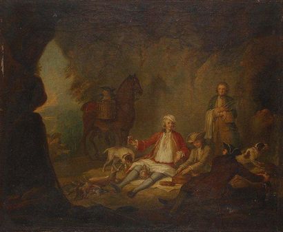 Attribué à Jan Peeter VERDUSSEN (1700 - 1763) Le Déjeuner de chasse. Toile. 52 x...