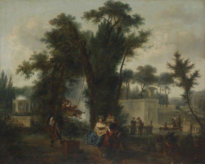 Jean Louis DEMARNE (Bruxelles 1752 - Paris 1829) Les Jeux dans un jardin. Toile Accident....