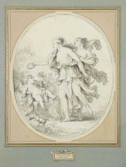 Ecole française du XVIIIe siècle Vénus couronnant l'amour. Plume et encre grise,...