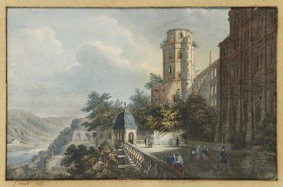 Ecole ALLEMANDE vers 1850 Promenade sur la terrasse du château d'Heïdelberg. Aquarelle.14...