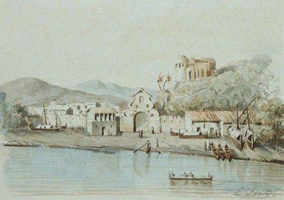 E. FERTZ (actif au XIXe siècle) Vue d'un village de Méditerranée. Aquarelle sur papier...