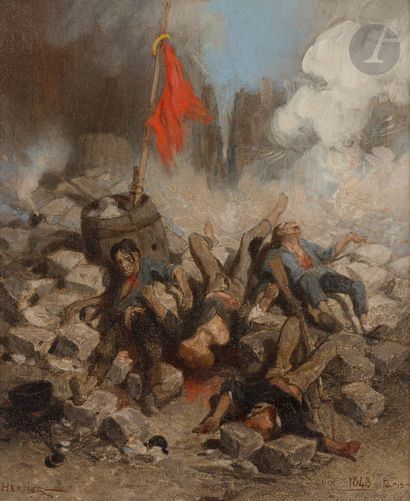null Louis-Adolphe HERVIER (Paris, 1818 - 1879)
The Barricade, 1848
Oil on panel.
Signed...