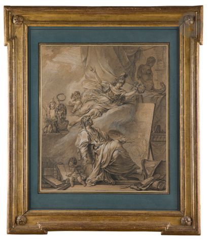 null Jean TOUZÉ (Paris, 1747 - 1809)
Allégorie de la peinture
Pierre noire, pinceau,...