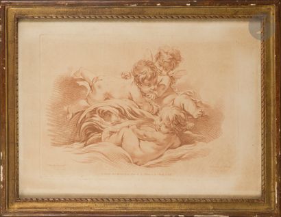 null Gilles Demarteau (1722-1776)
Trois amours jouant sur un dauphin. Gravure en...
