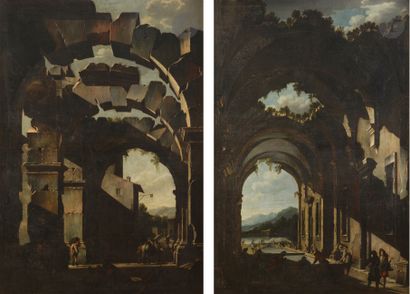 null Niccolo CODAZZI (Naples, 1642 - Gênes, 1693)
L’Auberge dans les ruines ; Lavandières...