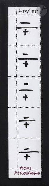 null Jean DUPUY (1925-2021)
Rébus philosophique, 1992
Feutre sur papier timbre perforé.
Signé,...